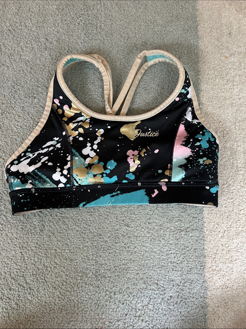 Justice Black Sports Bra with Teal, Pink & Gold Splash Accents